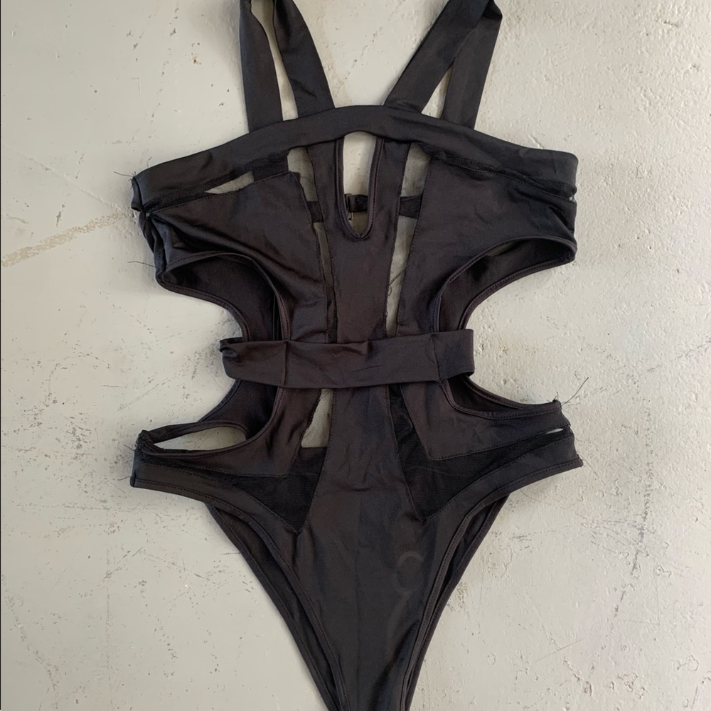 Black mesh cut out one piece swimsuit